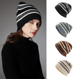 Brown + Red Striped Wool-Blend Beanie & Plaid Fringed Scarf Set — Soft Knit Hat (36 x 26 cm) and Oversized Shawl (200 x 65 cm); A Must-Have for Christmas and Cold Weather - Side View