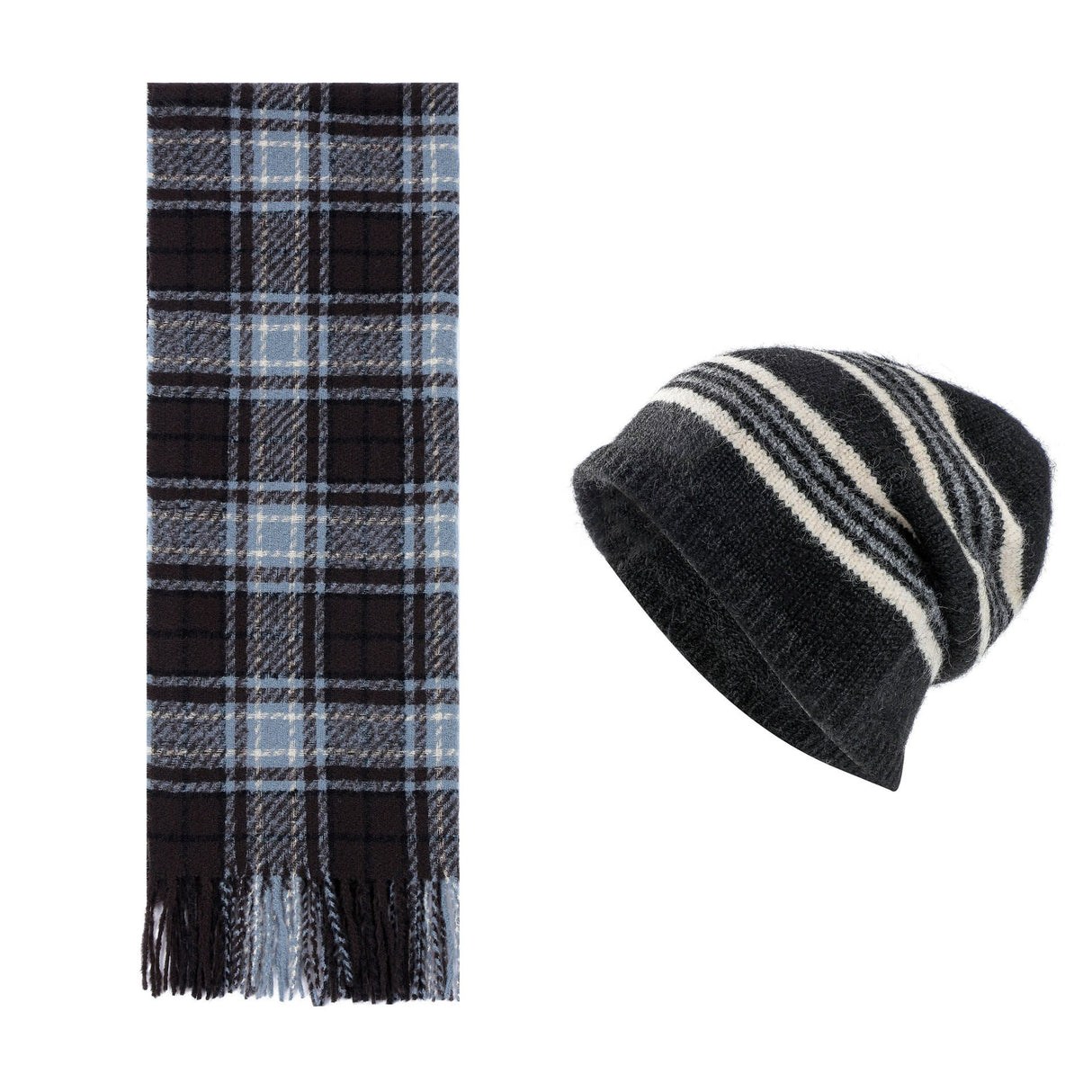 Black + Blue Striped Wool-Blend Beanie & Plaid Fringed Scarf Set — Soft Knit Hat (36 x 26 cm) and Oversized Shawl (200 x 65 cm); A Must-Have for Christmas and Cold Weather
