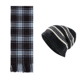 Black + Blue Striped Wool-Blend Beanie & Plaid Fringed Scarf Set — Soft Knit Hat (36 x 26 cm) and Oversized Shawl (200 x 65 cm); A Must-Have for Christmas and Cold Weather