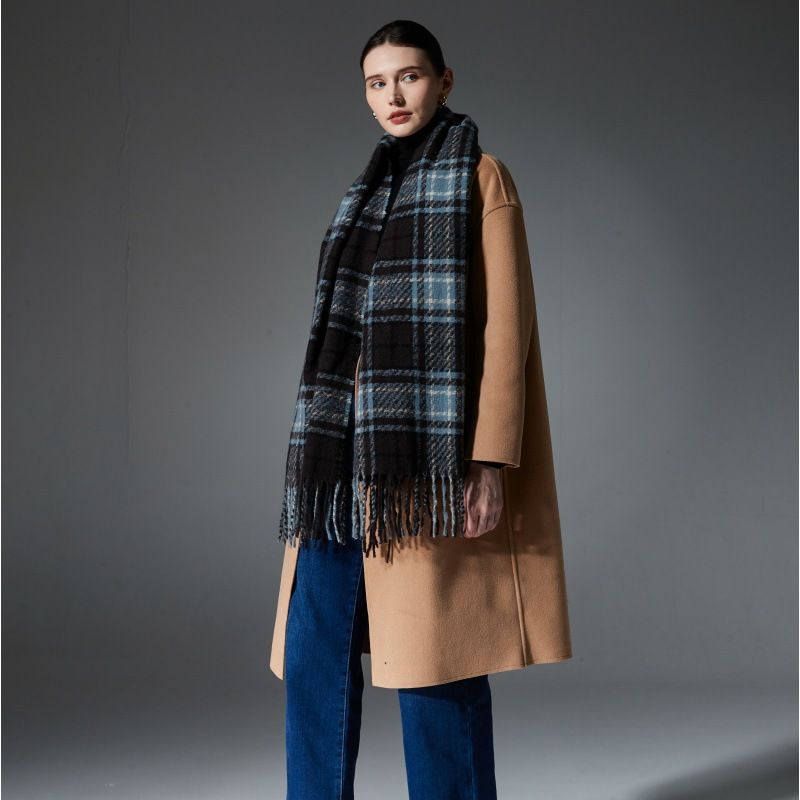 Black + Blue Striped Wool-Blend Beanie & Plaid Fringed Scarf Set — Soft Knit Hat (36 x 26 cm) and Oversized Shawl (200 x 65 cm); A Must-Have for Christmas and Cold Weather