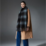 Black + Blue Striped Wool-Blend Beanie & Plaid Fringed Scarf Set — Soft Knit Hat (36 x 26 cm) and Oversized Shawl (200 x 65 cm); A Must-Have for Christmas and Cold Weather