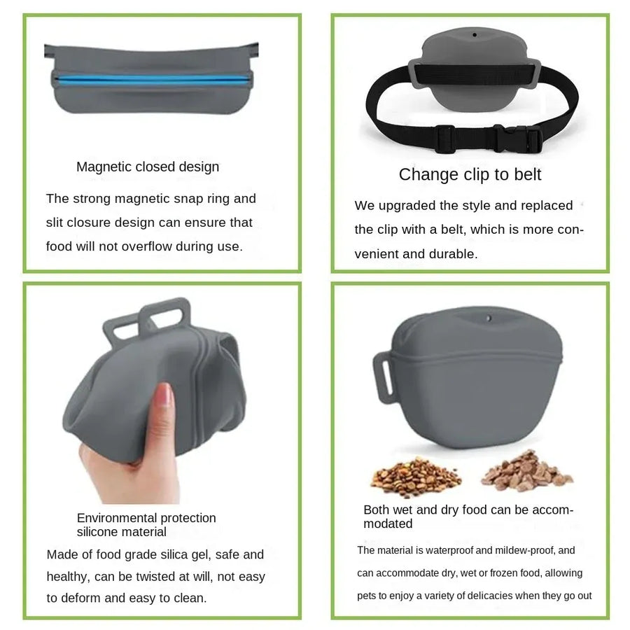 Gray Silicone Dog Training Treat Pouch with Adjustable Waist Belt Hands-Free Pet Reward Bag for Outdoor Walks