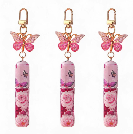 3 Pack Pink 5ml Portable Perfume Atomizer Keychain Butterfly Charm Floral Refillable Travel Spray Bottle Set - Same Design