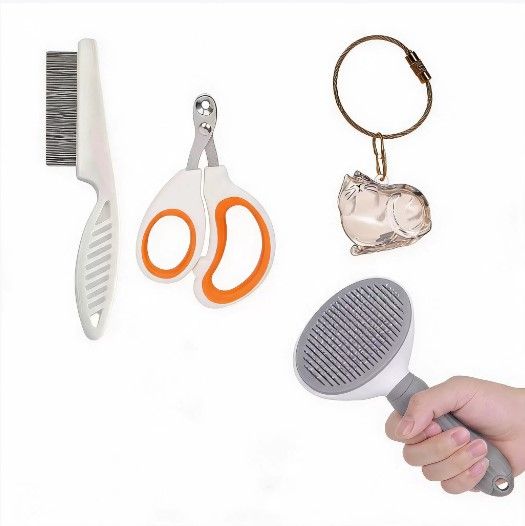 Silver Tiger Cat Complete Cat Care Set - One-Touch Deshedding Brush, Stainless Steel Nail Clipper & Fur Collection Locket
