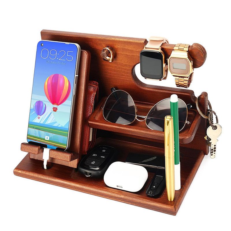 Multi-Functional Wooden Nightstand Organizer for Phone, Glasses, Wallet & Keys - Natural Wood Desk Tidy with Pen Holder