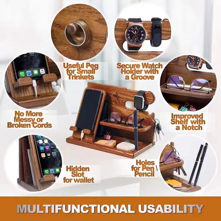 Multi-Functional Wooden Nightstand Organizer for Phone, Glasses, Wallet & Keys - Natural Wood Desk Tidy with Pen Holder