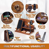 Multi-Functional Wooden Nightstand Organizer for Phone, Glasses, Wallet & Keys - Natural Wood Desk Tidy with Pen Holder