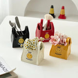 Red Ceramic Mini Tote Bag Pen Holder - Creative Desktop Storage Organizer for Makeup Brushes, Remote Controls and Stationery, Cute Smiley Decorative Container