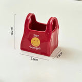 Red Ceramic Mini Tote Bag Pen Holder - Creative Desktop Storage Organizer for Makeup Brushes, Remote Controls and Stationery, Cute Smiley Decorative Container - 45-Degree Angle