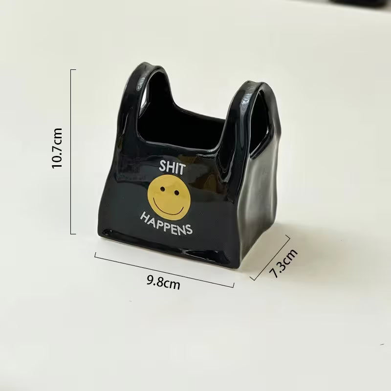 Black Ceramic Mini Tote Bag Pen Holder - Creative Desktop Storage Organizer for Makeup Brushes, Remote Controls and Stationery, Cute Smiley Decorative Container