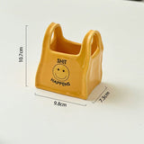 Yellow Ceramic Mini Tote Bag Pen Holder - Creative Desktop Storage Organizer for Makeup Brushes, Remote Controls and Stationery, Cute Smiley Decorative Container