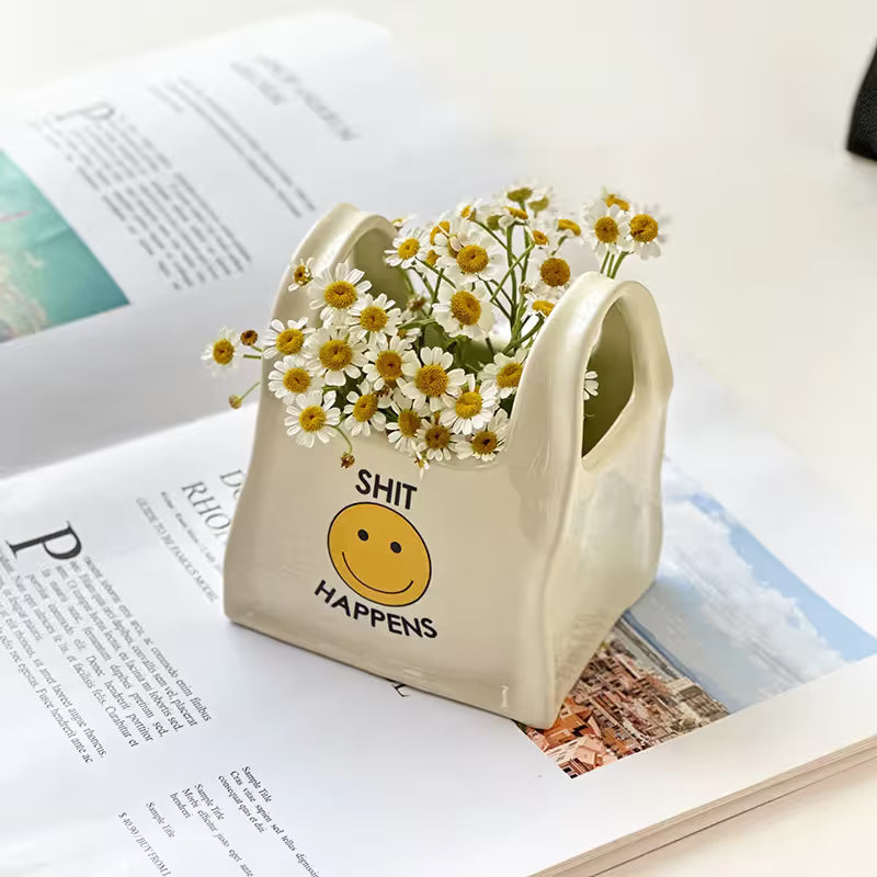 White Ceramic Mini Tote Bag Pen Holder - Creative Desktop Storage Organizer for Makeup Brushes, Remote Controls and Stationery, Cute Smiley Decorative Container