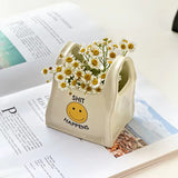 White Ceramic Mini Tote Bag Pen Holder - Creative Desktop Storage Organizer for Makeup Brushes, Remote Controls and Stationery, Cute Smiley Decorative Container