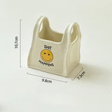 White Ceramic Mini Tote Bag Pen Holder - Creative Desktop Storage Organizer for Makeup Brushes, Remote Controls and Stationery, Cute Smiley Decorative Container