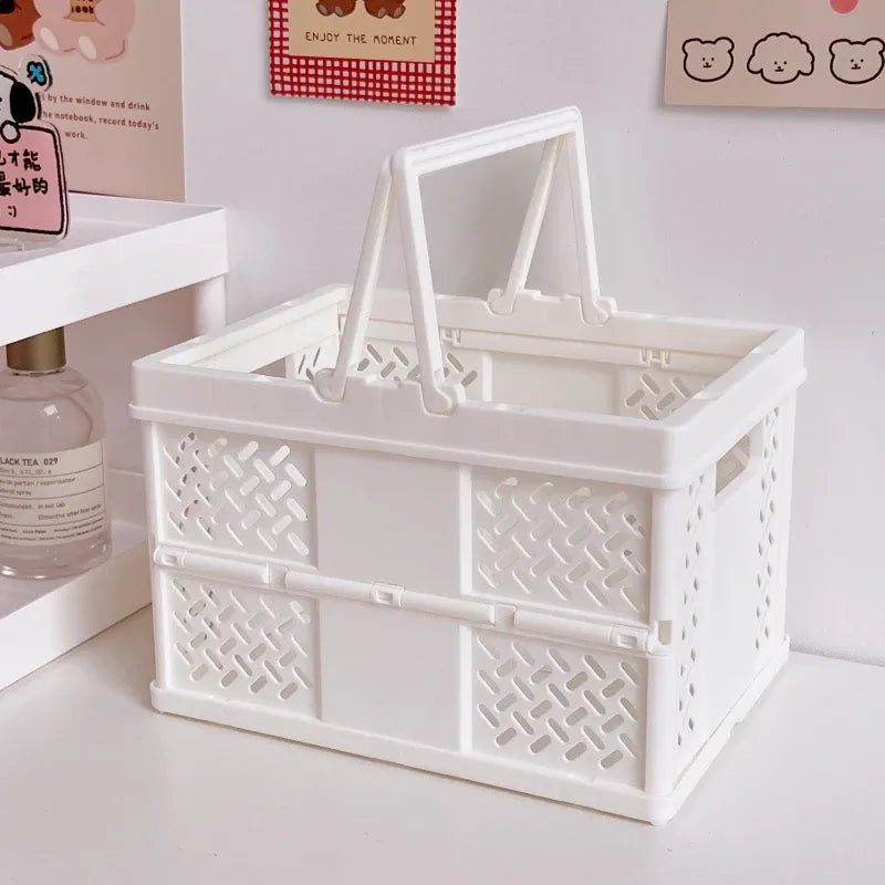 White Foldable Storage Basket with Handles - Portable Multi Purpose Desktop Organiser Crate for Snacks, Kitchen Storage, Books and Household Essentials