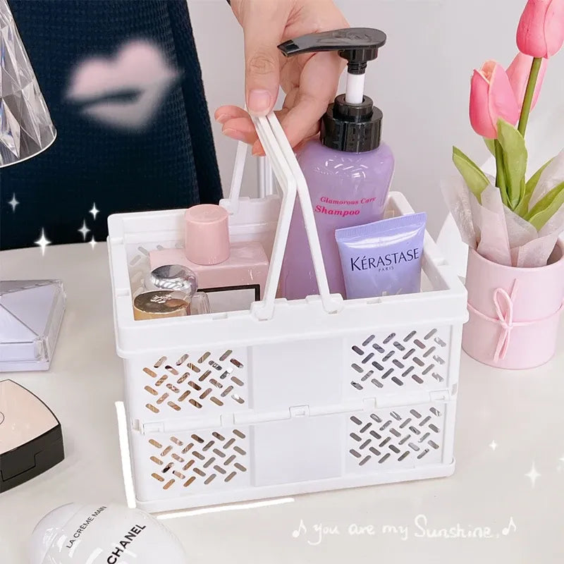 White Foldable Storage Basket with Handles - Portable Multi Purpose Desktop Organiser Crate for Snacks, Kitchen Storage, Books and Household Essentials