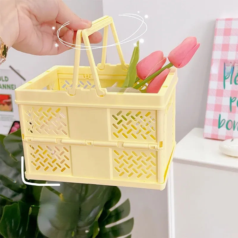 Yellow Foldable Storage Basket with Handles - Portable Multi Purpose Desktop Organiser Crate for Snacks, Kitchen Storage, Books and Household Essentials