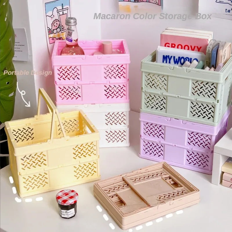 Brown Foldable Storage Basket with Handles - Portable Multi Purpose Desktop Organiser Crate for Snacks, Kitchen Storage, Books and Household Essentials