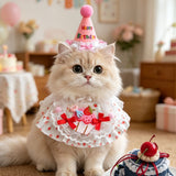 Size S Pink Pet Birthday Party Supplies Strawberry Cake Bib and Hat Set Cat Dog Costume Photo Shoot Outfit