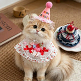 Size S Pink Pet Birthday Party Supplies Strawberry Cake Bib and Hat Set Cat Dog Costume Photo Shoot Outfit