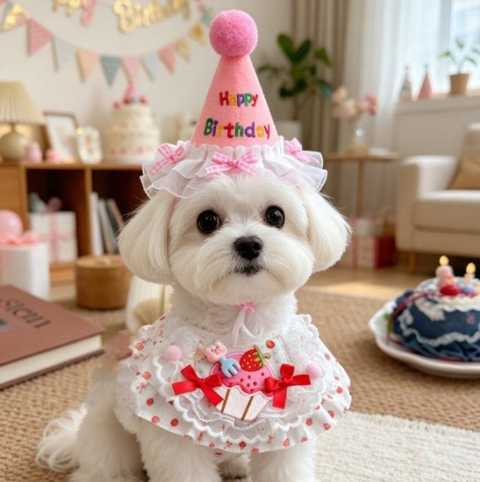 Size S Pink Pet Birthday Party Supplies Strawberry Cake Bib and Hat Set Cat Dog Costume Photo Shoot Outfit