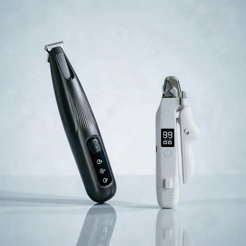 Black Paw Hair Trimmer and White Pet Nail Clipper Set USB Rechargeable Dog Cat Grooming Kit LED Display Low Noise Paw Shaver Nail Grinder 2 in 1 Pet Beauty Tool