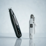 Black Paw Hair Trimmer and White Pet Nail Clipper Set USB Rechargeable Dog Cat Grooming Kit LED Display Low Noise Paw Shaver Nail Grinder 2 in 1 Pet Beauty Tool - Top-Down View