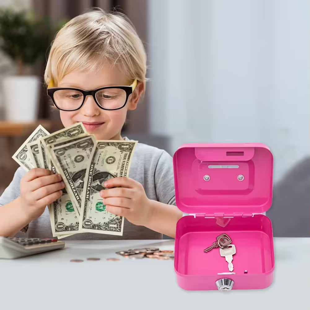 Black Lockable Metal Cash Box with Coin Slot Portable Money Storage Box Small Savings Bank Key Lock Cash Holder Organiser for Coins Notes Home Office Use 115x85x58mm