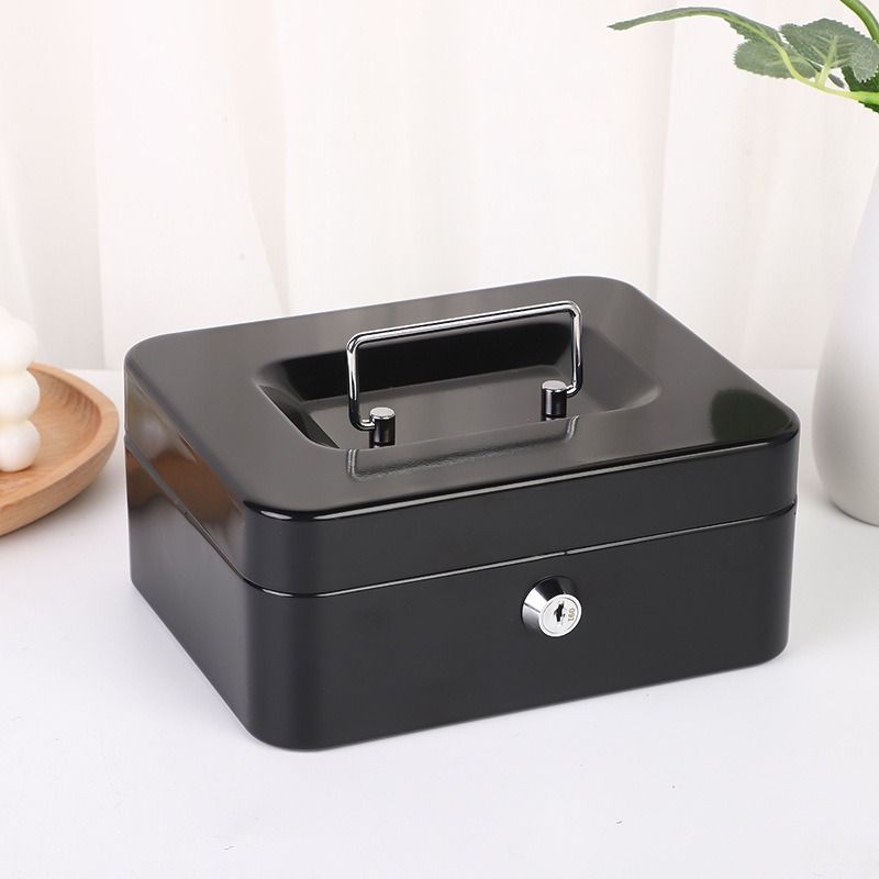 Black Handheld Cash Box Lockable Money Storage Box with Removable Cash Tray Portable Metal Money Safe with Keys 200x160x90mm