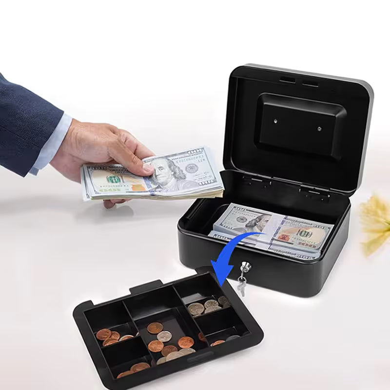 Black Handheld Cash Box Lockable Money Storage Box with Removable Cash Tray Portable Metal Money Safe with Keys 200x160x90mm