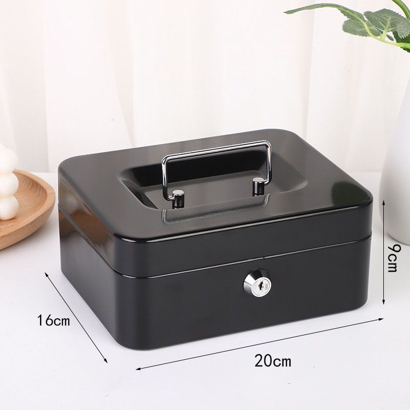 Black Handheld Cash Box Lockable Money Storage Box with Removable Cash Tray Portable Metal Money Safe with Keys 200x160x90mm