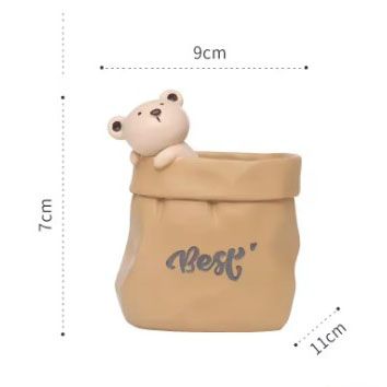 Creative Animal-Themed "Paper Bag" Pen Holder (Bear) — Resin Desktop Organizer | Cute Cartoon Pencil Cup, Planter, & Storage Container | Home & Office Desktop Decor