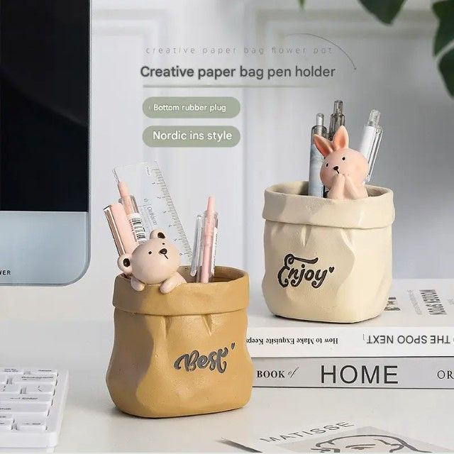 Creative Animal-Themed "Paper Bag" Pen Holder (Dog) — Resin Desktop Organizer | Cute Cartoon Pencil Cup, Planter, & Storage Container | Home & Office Desktop Decor