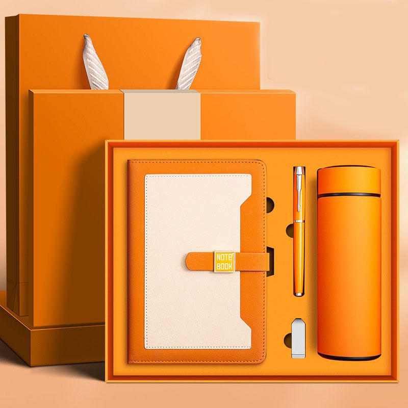 Orange A5 Business Notebook Gift Set with Vacuum Flask Pen and 16GB USB Drive Corporate Gift Box
