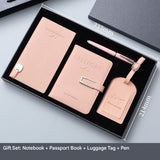 Pink Travel Passport Holder and Notebook Gift Set with Luggage Tag & Metal Pen Business Travel Gift Box