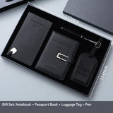 Black Travel Passport Holder and Notebook Gift Set with Luggage Tag & Metal Pen Business Travel Gift Box