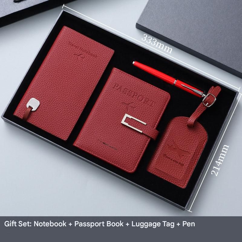 Red Travel Passport Holder and Notebook Gift Set with Luggage Tag & Metal Pen Business Travel Gift Box