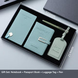 Sky Blue Travel Passport Holder and Notebook Gift Set with Luggage Tag & Metal Pen Business Travel Gift Box