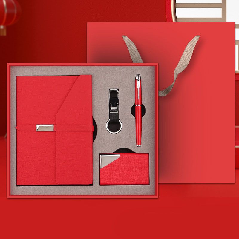 Red Executive A5 Notebook Gift Set with Metal Pen, Business Card Holder and Keychain for Corporate Gifts, Client Appreciation and Office Professionals