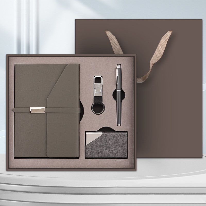 Gray Executive A5 Notebook Gift Set with Metal Pen, Business Card Holder and Keychain for Corporate Gifts, Client Appreciation and Office Professionals