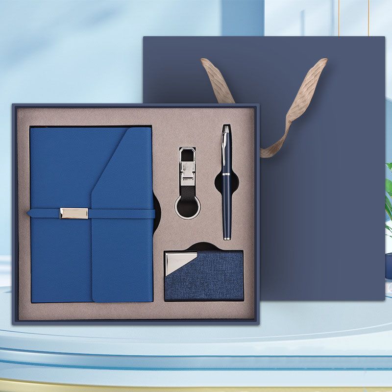 Blue Executive A5 Notebook Gift Set with Metal Pen, Business Card Holder and Keychain for Corporate Gifts, Client Appreciation and Office Professionals