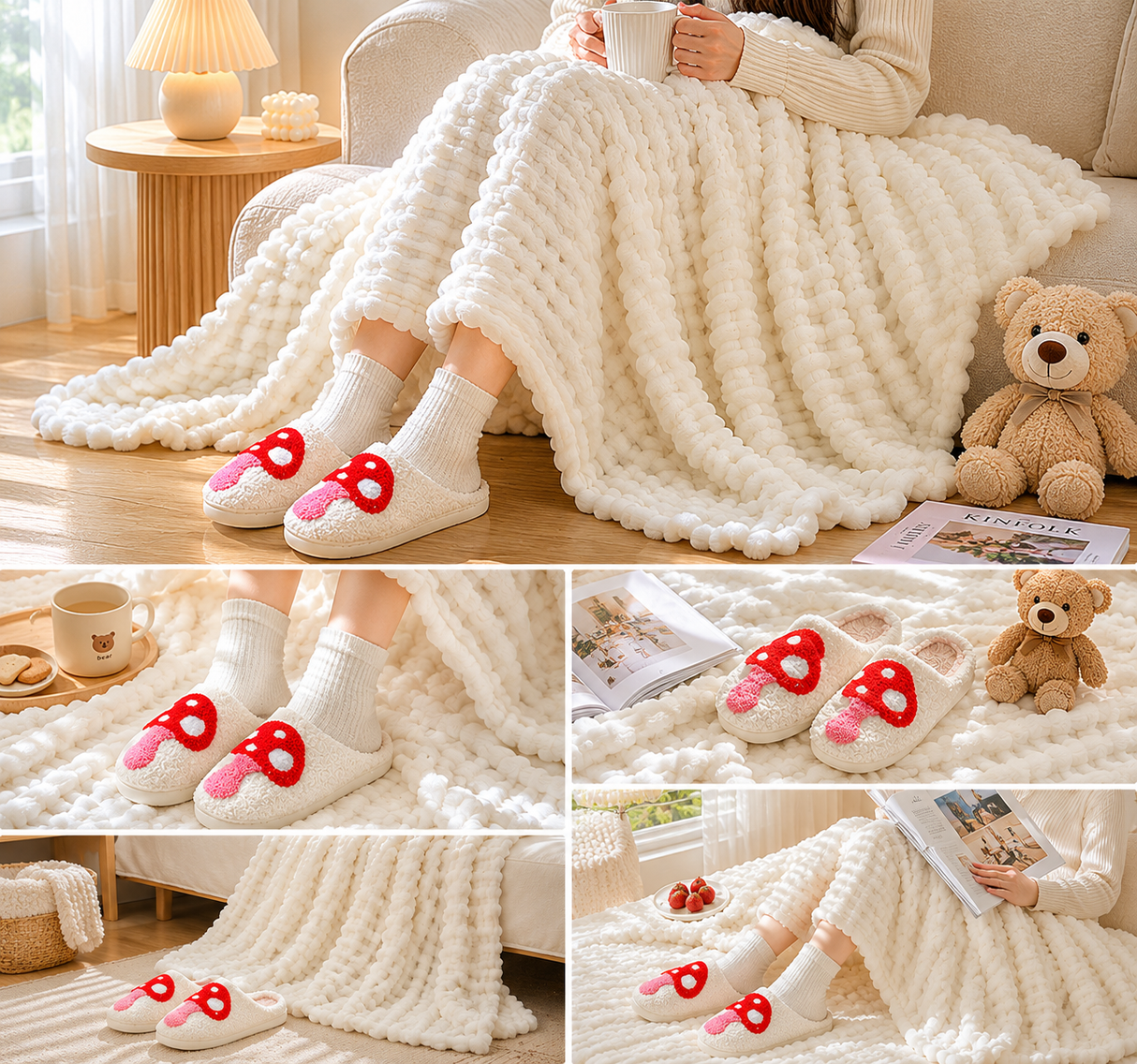 Mushroom-Themed Plush Slippers & Bubble Fleece Throw Blanket Set — A Cozy, Warm Winter Home Gift Bundle, Including Soft & Warm Indoor Slippers (Size AU 8-9) and a 100x150cm Flannel Throw Blanket