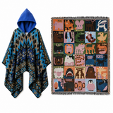 Blue Warm Hooded Poncho Shawl and Animal Pattern Throw Blanket Set for Sofa, Bed and Winter Lounging