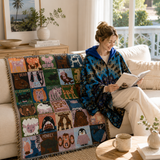 Blue Warm Hooded Poncho Shawl and Animal Pattern Throw Blanket Set for Sofa, Bed and Winter Lounging - Front View