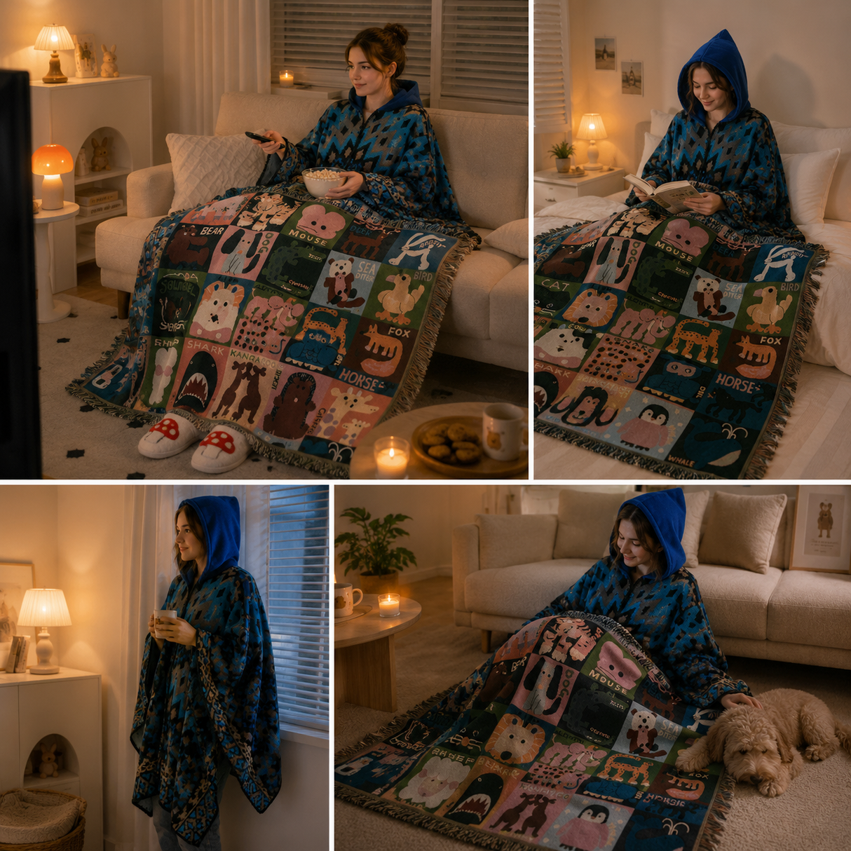 Blue Warm Hooded Poncho Shawl and Animal Pattern Throw Blanket Set for Sofa, Bed and Winter Lounging