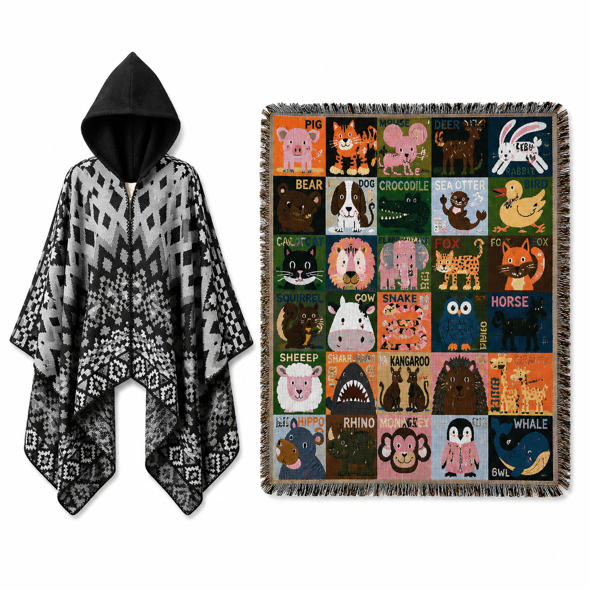 Black Warm Hooded Poncho Shawl and Animal Pattern Throw Blanket Set for Sofa, Bed and Winter Lounging