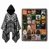 Black Warm Hooded Poncho Shawl and Animal Pattern Throw Blanket Set for Sofa, Bed and Winter Lounging