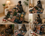 Black Warm Hooded Poncho Shawl and Animal Pattern Throw Blanket Set for Sofa, Bed and Winter Lounging - Front View