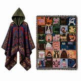 Blue-green Warm Hooded Poncho Shawl and Animal Pattern Throw Blanket Set for Sofa, Bed and Winter Lounging