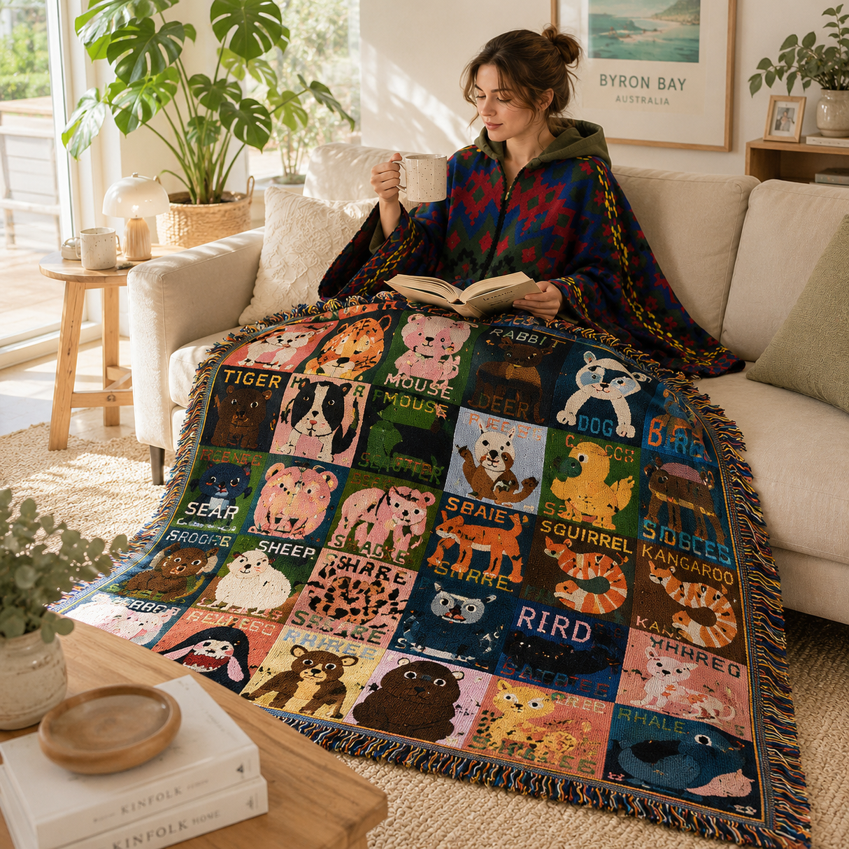 Blue-green Warm Hooded Poncho Shawl and Animal Pattern Throw Blanket Set for Sofa, Bed and Winter Lounging